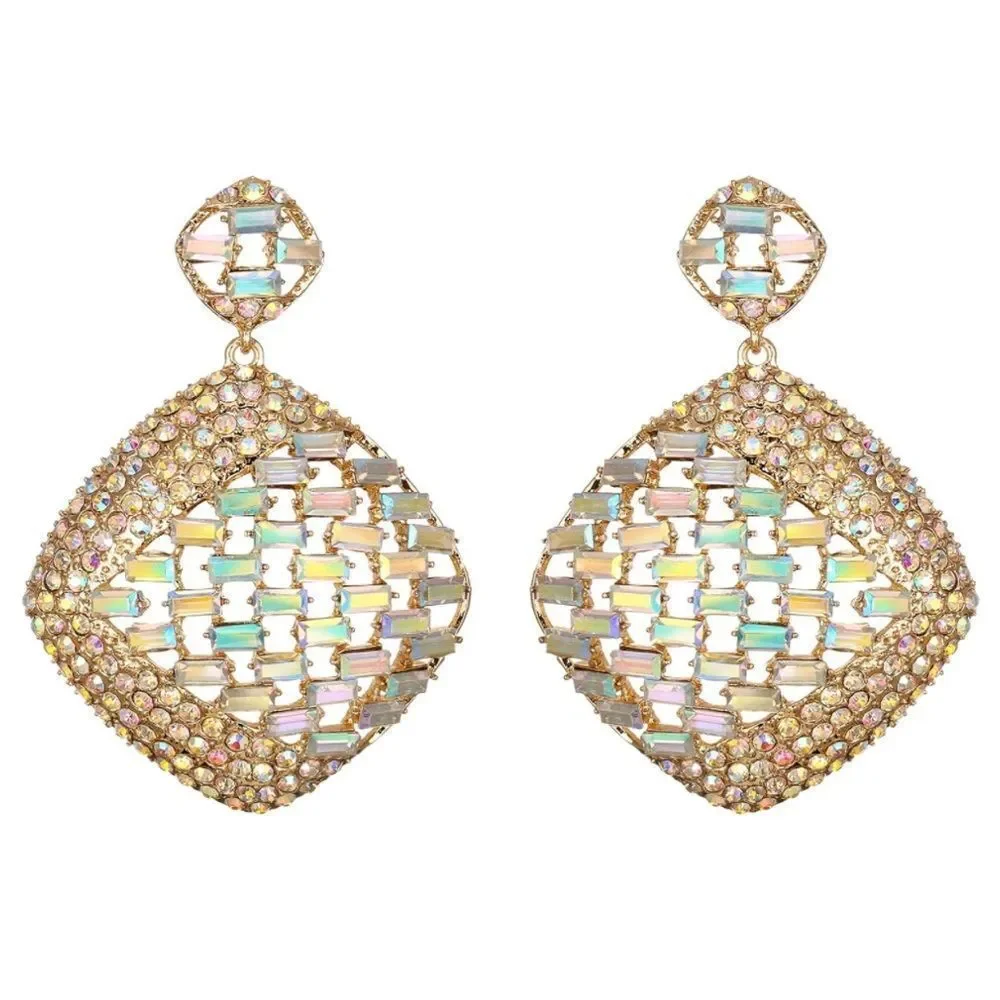 Yellow Gold with Iridescent AB Austrian Crystal Rhombus Chandelier Post Earrings